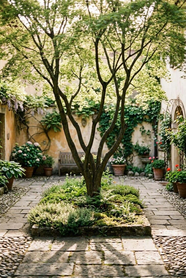 Elegant multi-stem tree with an airy canopy in a courtyard dappling the paving with light shade