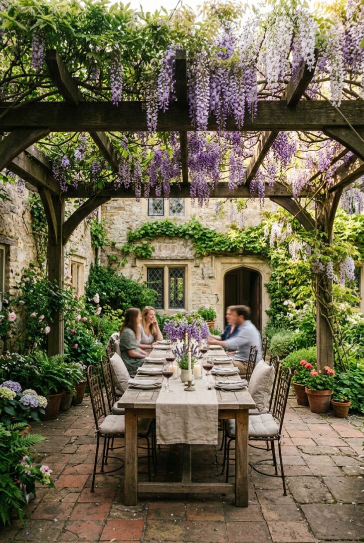 Wooden pergola over a courtyard draped in purple wisteria casting dappled shade over a dining table