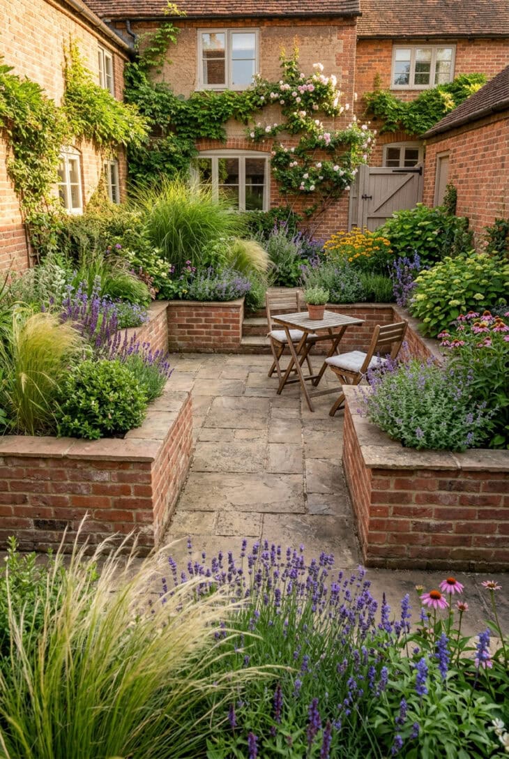 Courtyard edged with built-in raised beds of grasses, perennials and shrubs around an open paved center