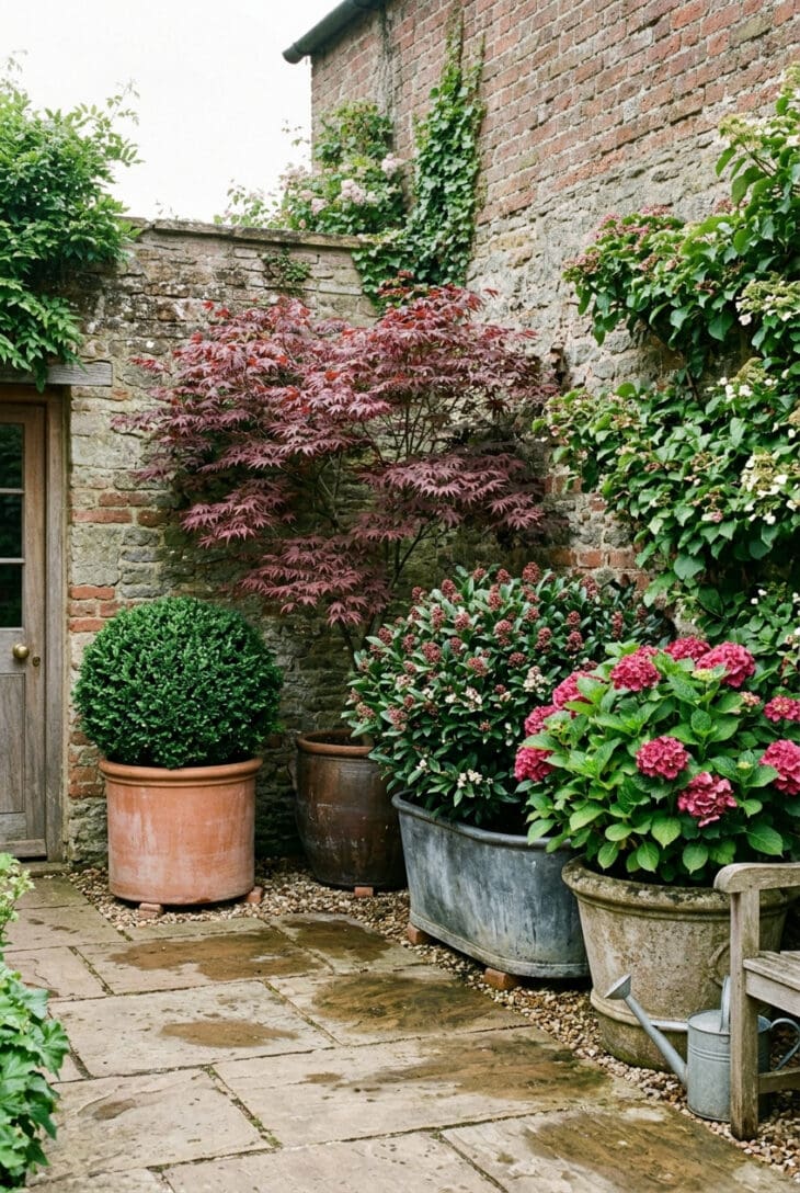 Group of large containers in a courtyard holding a clipped bay, a potted acer, an evergreen and a flowering shrub