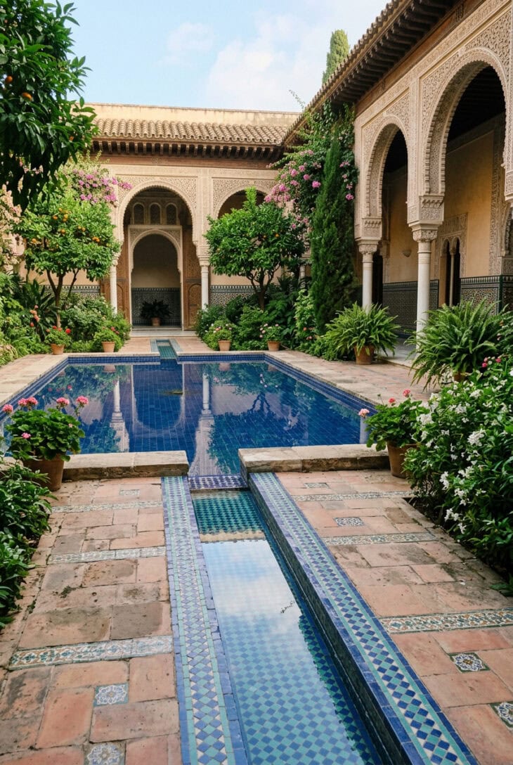 Formal courtyard with a blue-tiled reflecting pool mirroring the sky and surrounding greenery