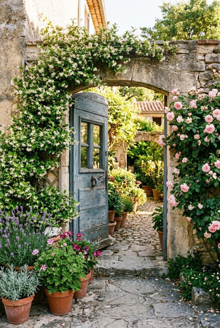 Courtyard doorway framed by climbing star jasmine with pots of lavender and scented geraniums beside it