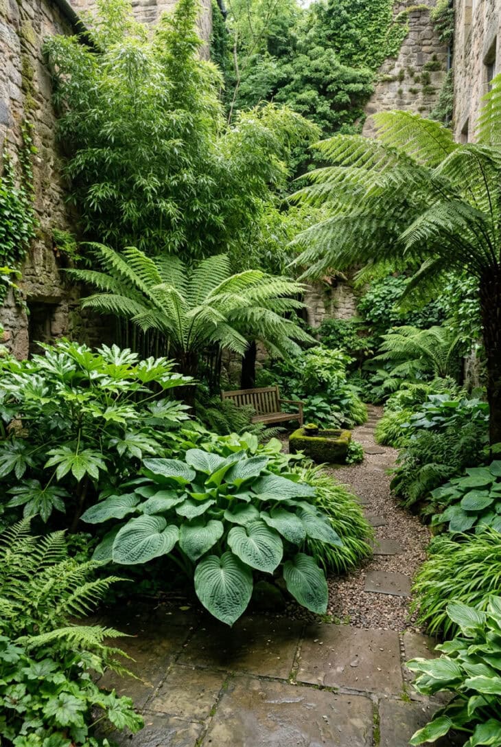 Cool shady courtyard layered with hostas, tree ferns, bamboo and glossy fatsia in deep greens