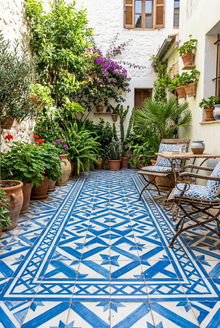 Courtyard floor of bold blue and white patterned tiles framed by potted greenery and two chairs