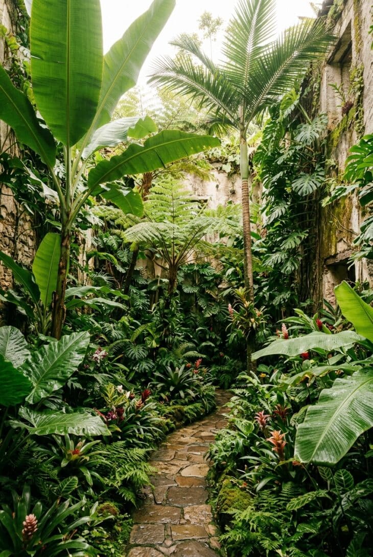 Courtyard turned tropical jungle with banana leaves, tree ferns, a palm and big glossy foliage crowding the walls