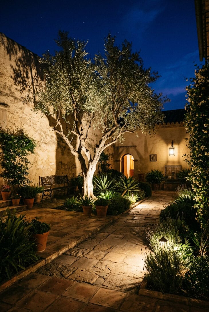 Courtyard at night with uplit tree casting branch shadows on a wall and soft glow washing the planting