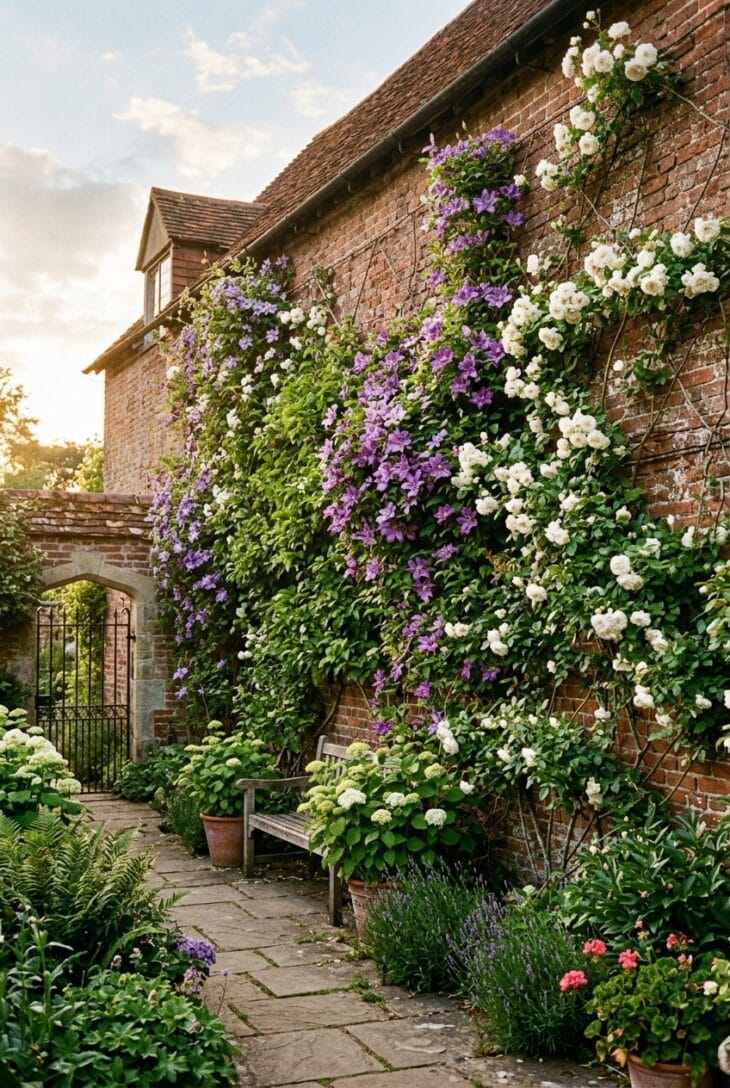 Courtyard brick walls clothed in purple clematis and white climbing roses scaling wires up the brick