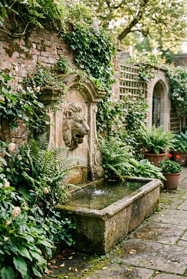 Wall-mounted fountain spilling water into a stone trough against a courtyard brick wall framed by ferns