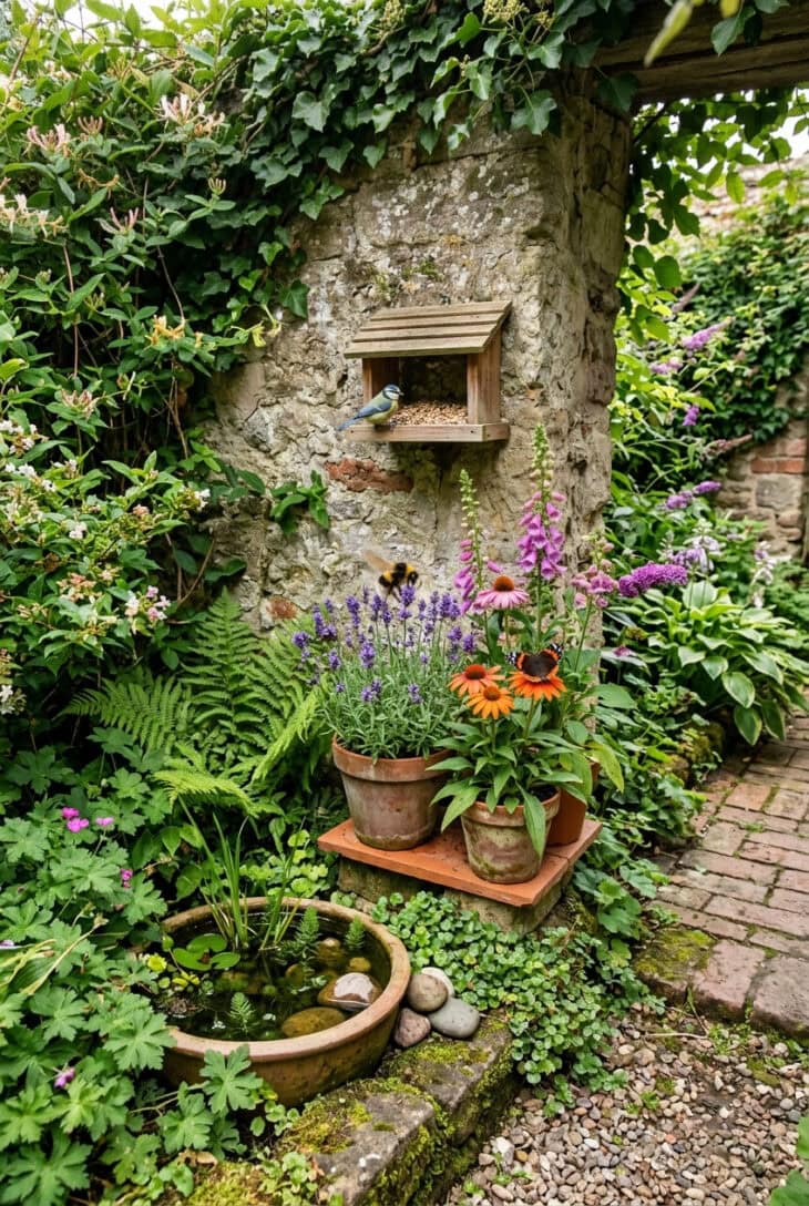 Wildlife-friendly courtyard corner with a bird feeder, nectar flowers, a small container pond and a bee