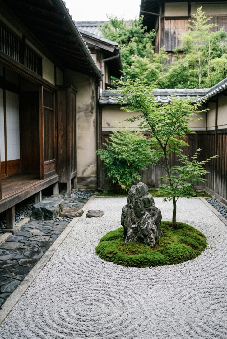 Minimalist Japanese-style courtyard with raked gravel, a single rock, a moss mound and one small maple