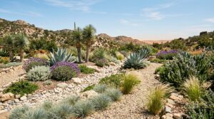 Dry garden with agave, lavender and blue fescue around a dry stream bed of pale cobbles