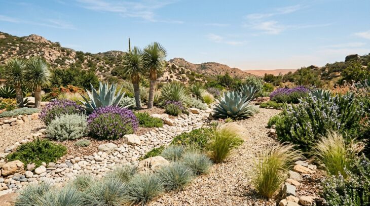 Dry garden with agave, lavender and blue fescue around a dry stream bed of pale cobbles
