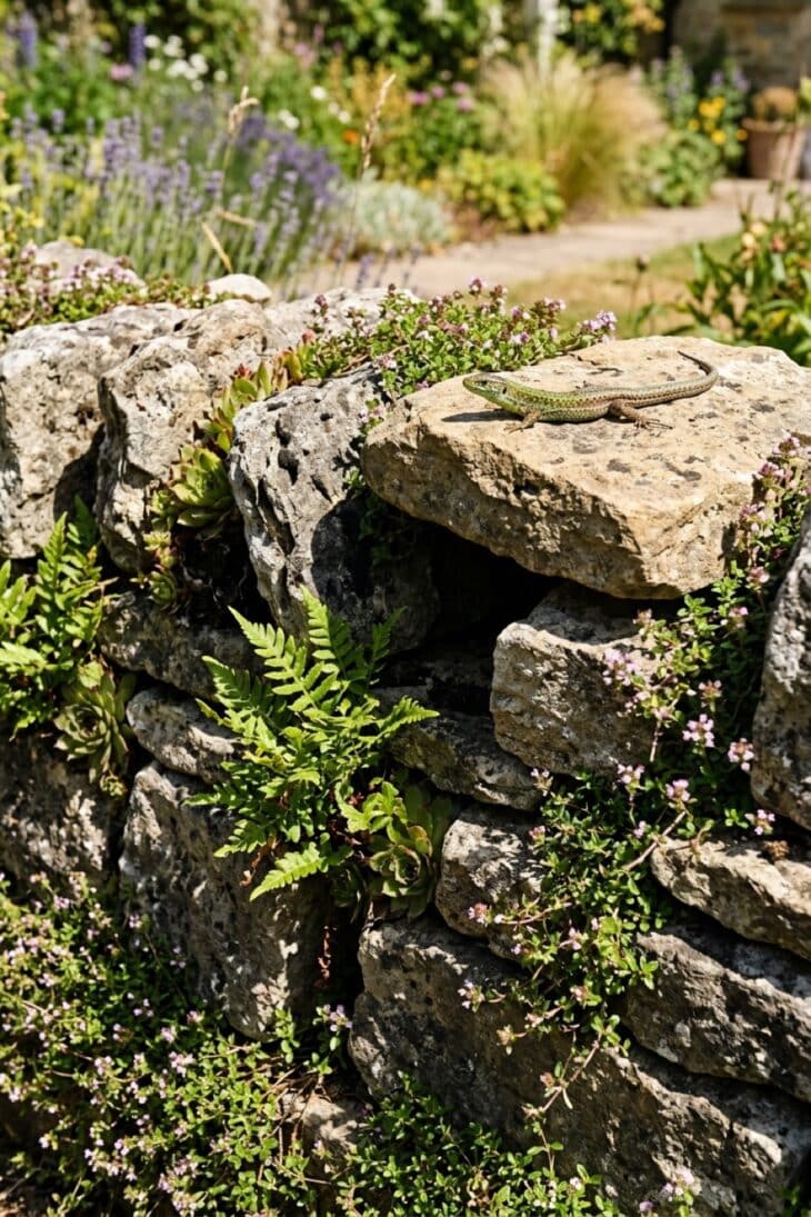 Dry stone wall with planted crevices and a lizard basking on top