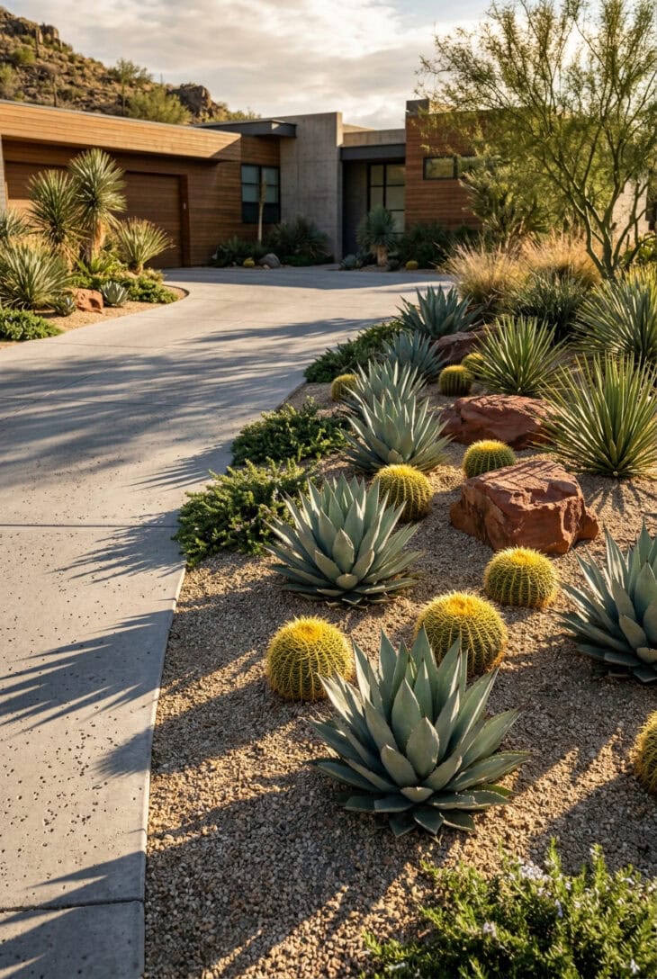 Driveway edged with blue-gray agave rosettes, barrel cacti and red boulders in decomposed granite