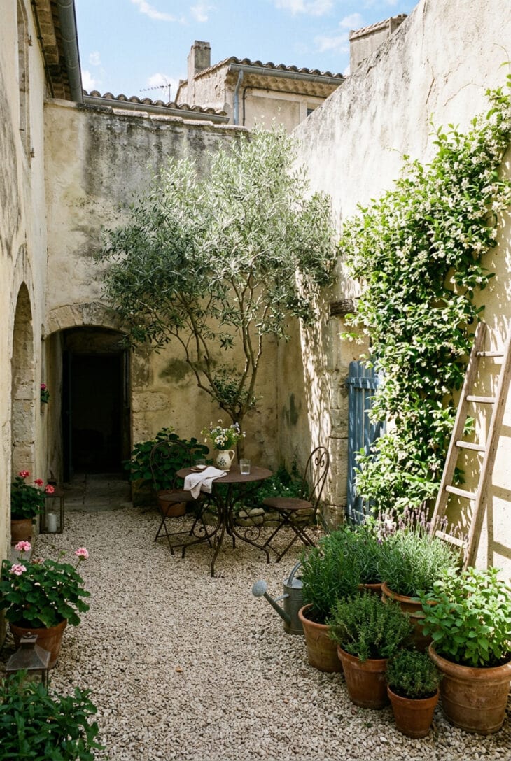 Small gravel courtyard with lime-washed walls, a shade tree and a bistro table for two