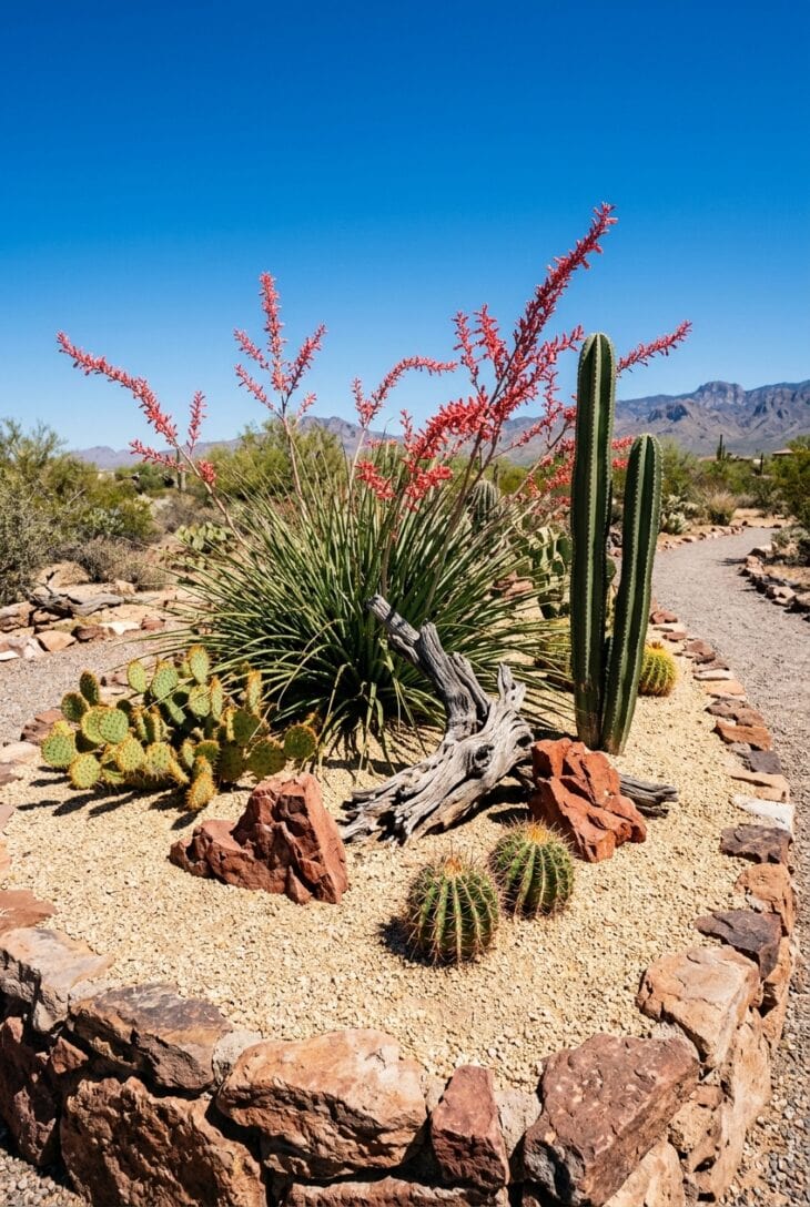 Raised desert bed of red yucca, columnar cactus and prickly pear in decomposed granite