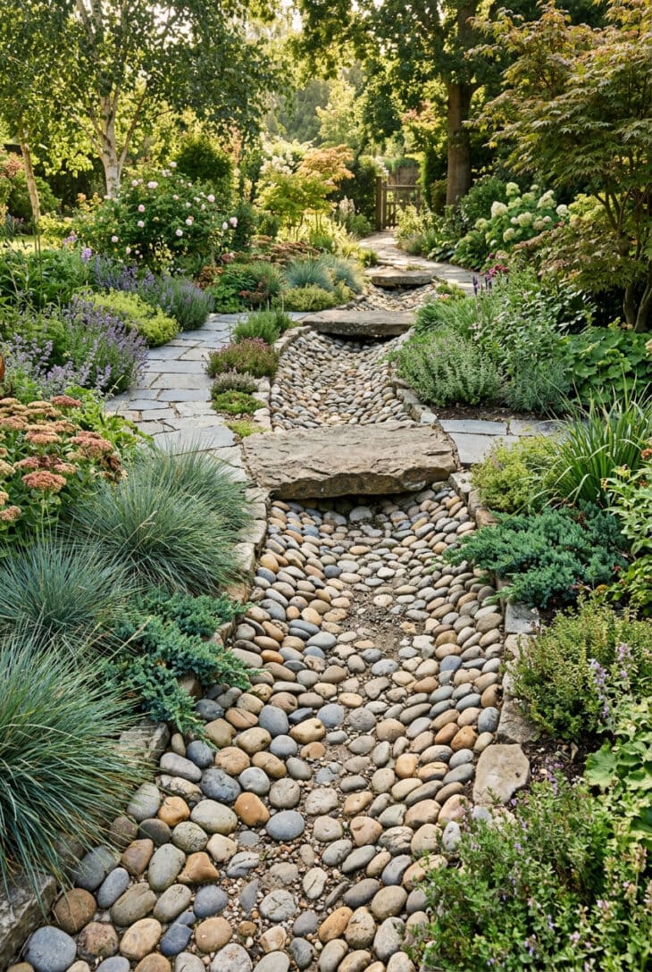 Winding dry riverbed of rounded cobbles edged with grasses, sedum and low junipers
