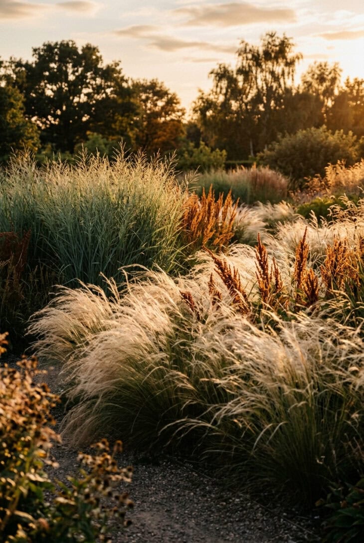 Backlit sweep of feather grass and switchgrass glowing in low evening sun