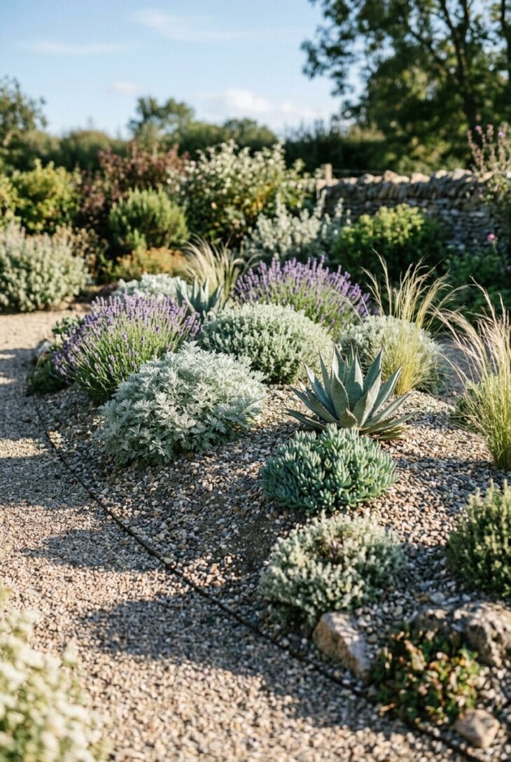 Low gravel-topped planting berm mounded above flat ground with silver drought-tolerant plants