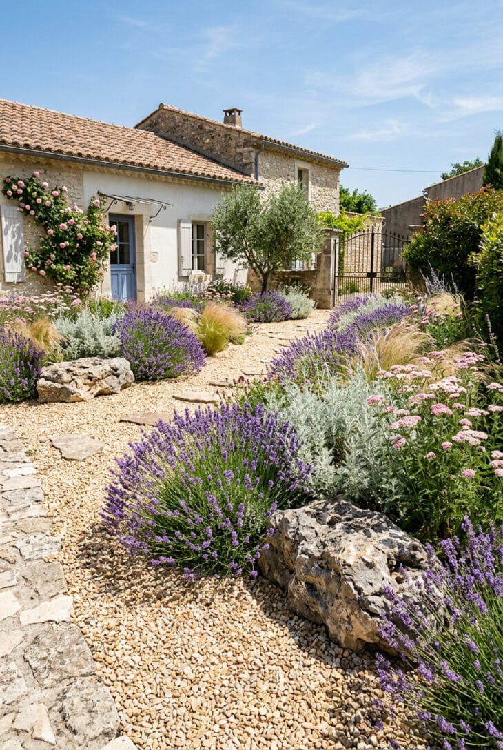 Front lawn replaced with a gravel garden of lavender, silver artemisia and ornamental grasses