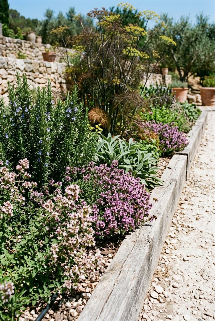 Sunny raised herb bed of rosemary, flowering thyme, gray sage and oregano beside a gravel path