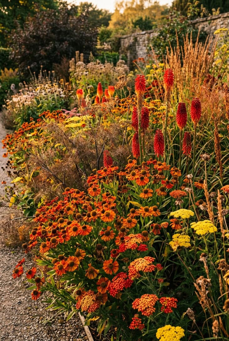Late summer border of orange helenium, red hot pokers, yellow achillea and rust grasses