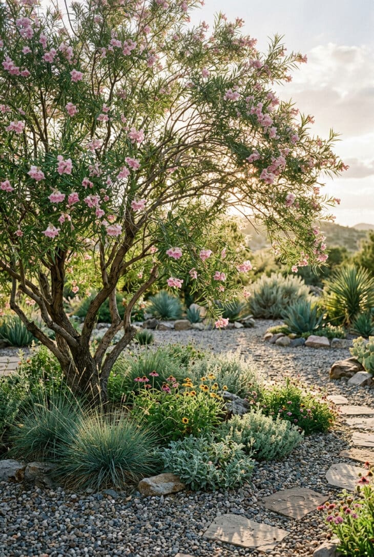 Multi-stem desert willow with pink flowers casting dappled shade over silver underplanting