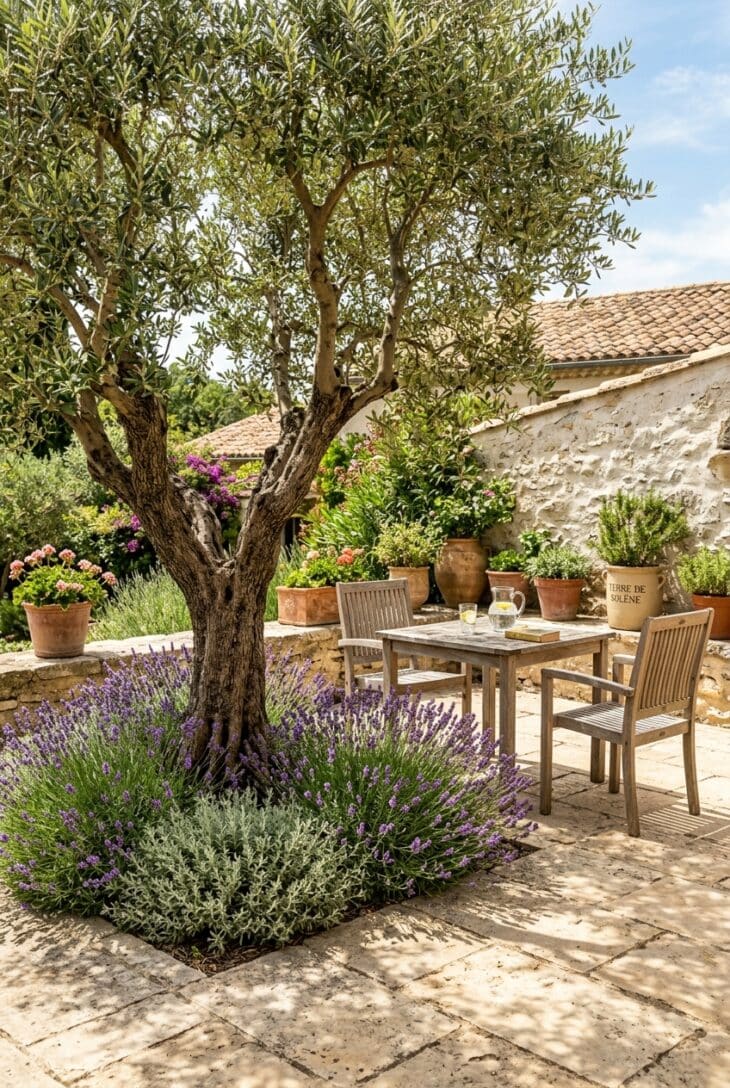 Limestone terrace with a multi-stem olive tree, lavender mounds and a table in dappled shade