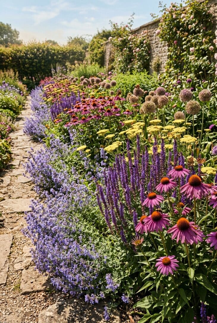Sunny border of purple coneflowers, blue catmint, salvia spikes and yellow achillea with bees