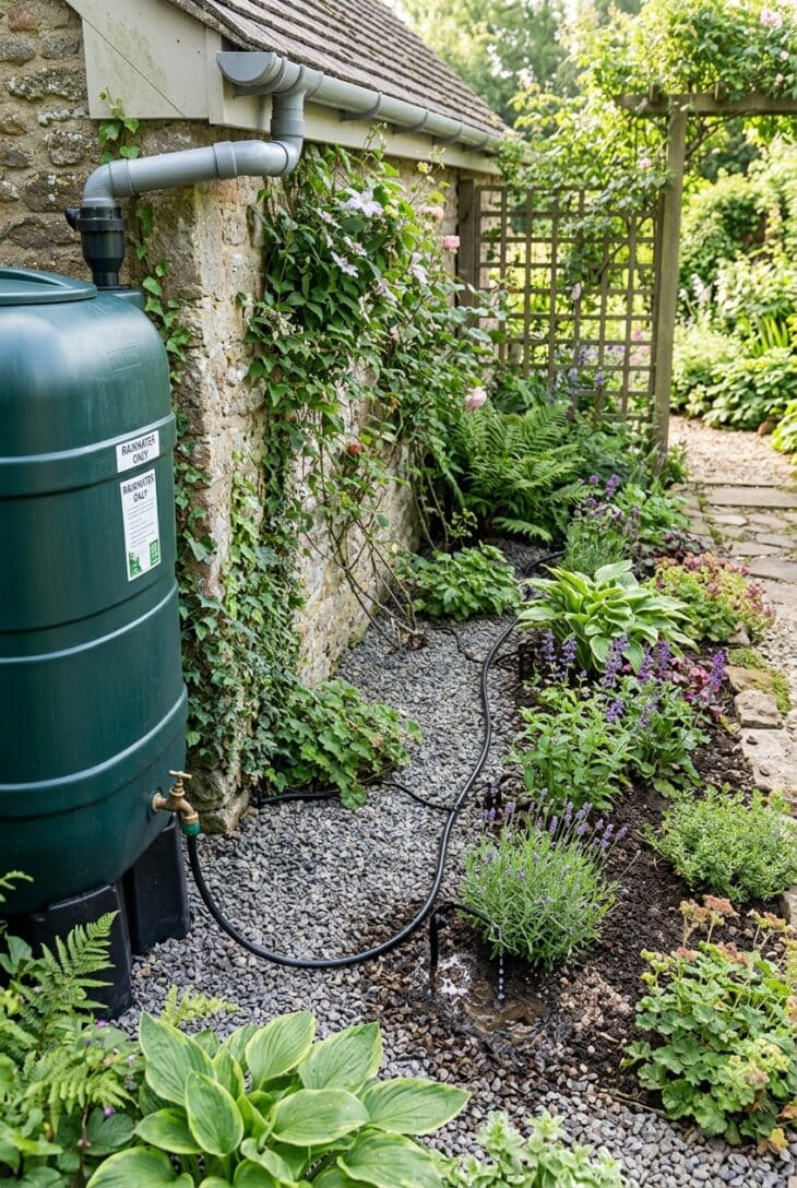 Rainwater tank connected to a downpipe feeding a drip irrigation line into a gravel-mulched bed