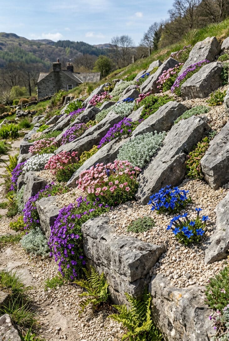 Sloping rock garden of half-buried limestone with alpine cushions and purple aubrieta