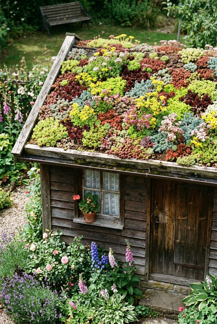 Timber shed with a shallow green roof covered in a patchwork of red, green and blue sedum