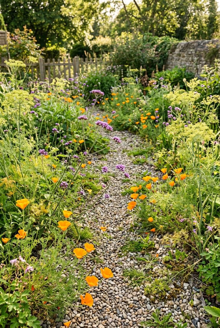 Gravel garden with California poppies, verbena and fennel self-seeded through the paths