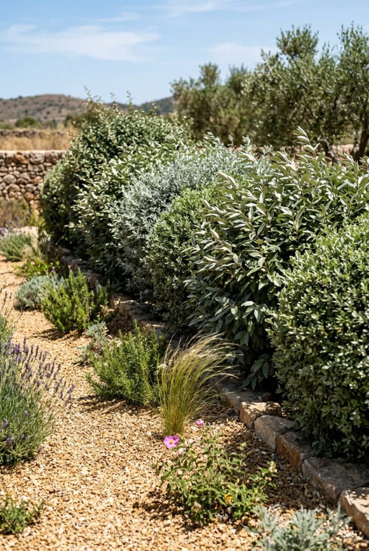 Informal boundary hedge of silvery drought-tolerant shrubs sheltering a gravel garden