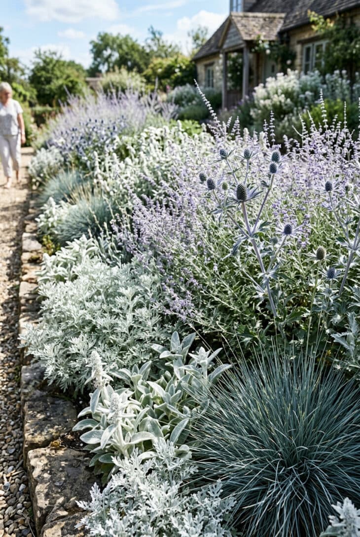 Border of silver artemisia, woolly lamb's ear, metallic sea holly and hazy Russian sage