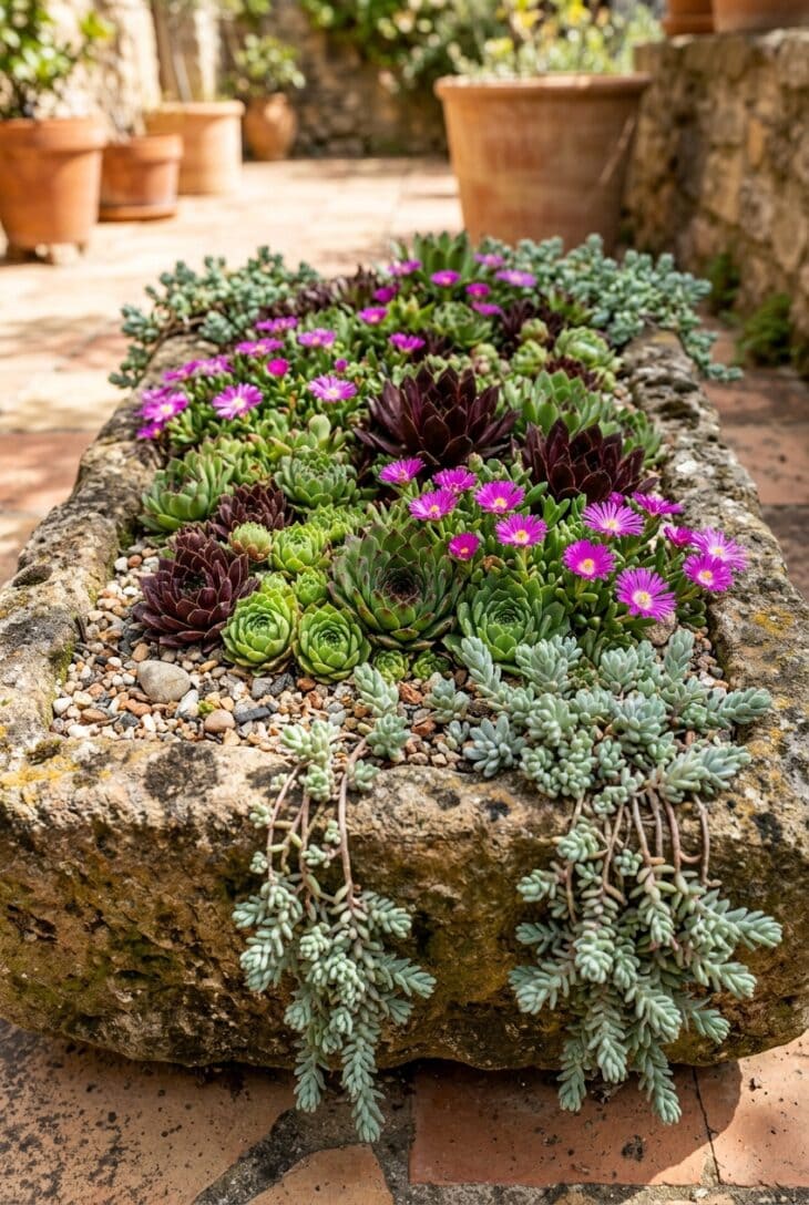Weathered stone trough packed with houseleek rosettes, magenta ice plant and trailing sedums
