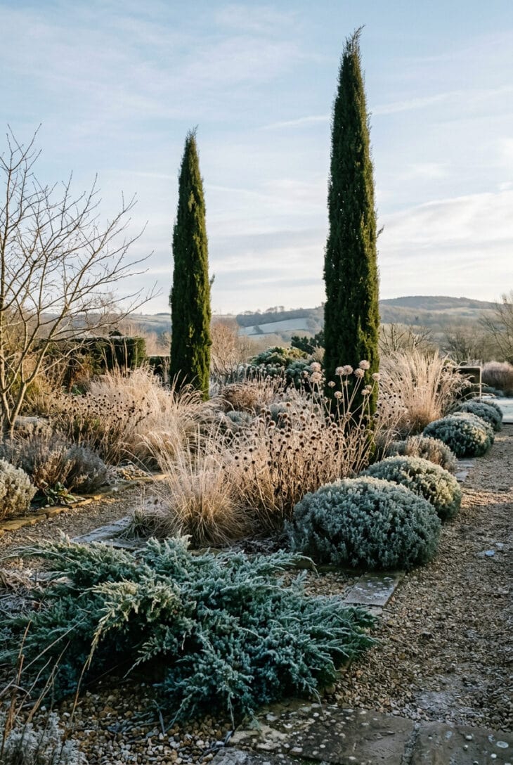 Winter dry garden with columnar cypress, spreading juniper and clipped santolina mounds