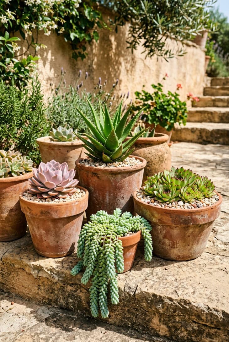 Weathered terracotta pots of echeveria, aloe and houseleeks grouped on sunny stone steps