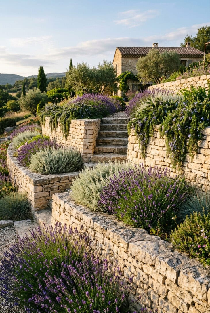 Sunny slope cut into terraces with dry-stone walls, lavender and rosemary spilling over