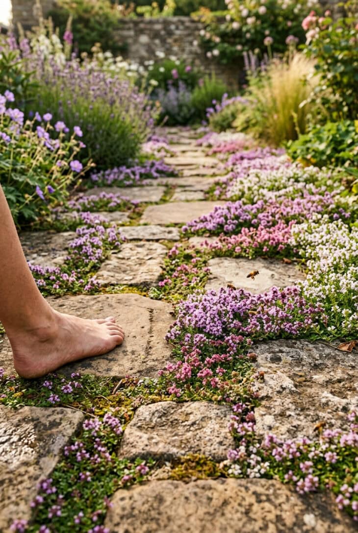 Stone path with creeping thyme flowering in purple and pink cushions between the flags