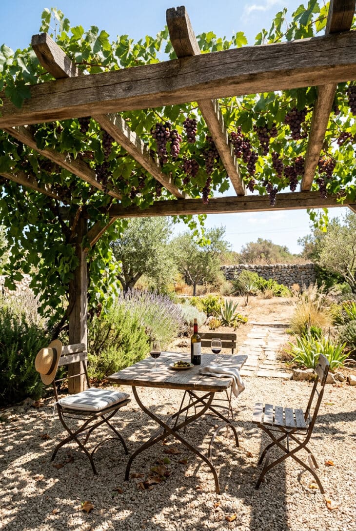 Timber pergola covered in a grapevine casting dappled shade over a gravel seating area