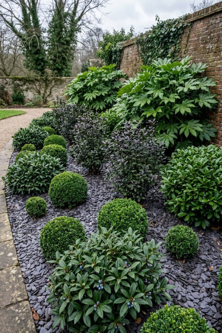 Evergreen border of clipped box balls, viburnum and glossy fatsia