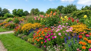 Flower bed packed with zinnias, cosmos, salvia and rudbeckia at full summer bloom