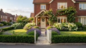 Front garden with a stone path to the door edged with lavender, box balls and climbing roses