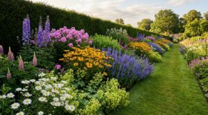 Deep mixed perennial border of delphiniums, rudbeckia and daisies beside a mown grass path