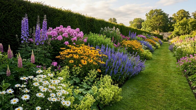 Deep mixed perennial border of delphiniums, rudbeckia and daisies beside a mown grass path