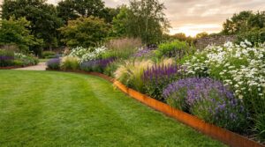 Curved lawn border with crisp steel edging beside summer perennials and grasses