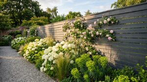 Deep charcoal horizontal slatted fence behind a border of white hydrangeas and grasses in evening light