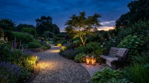 Evening garden with warm path lights, tree uplighting and lanterns around a bench