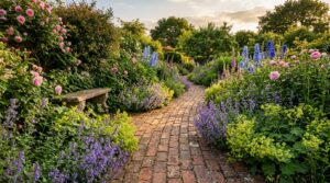 Curving reclaimed brick garden path edged with catmint and roses in warm evening light